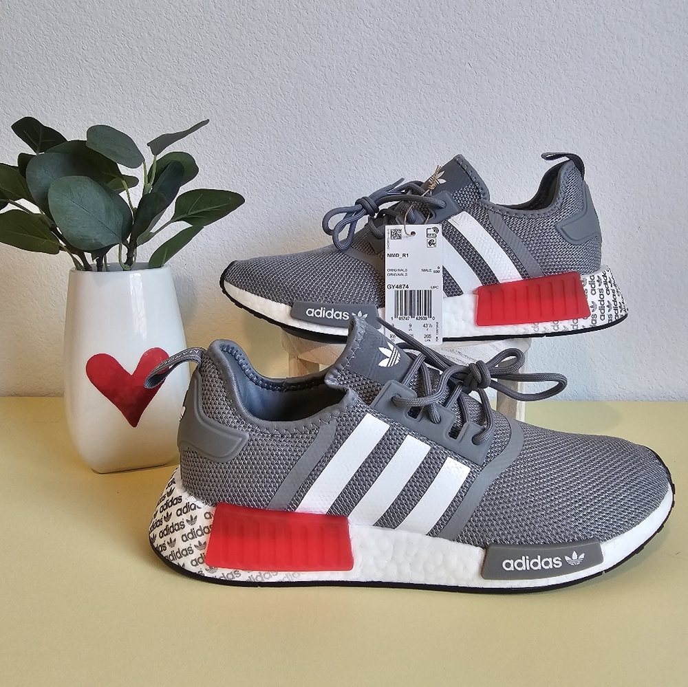 Adidas NMD R1 Grey/Red/White ‘Grey Vivid Red’ Boost Sneakers [GY4874]